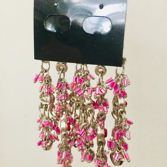 Pink Silver Star Shaped Multi layered Rhinestone Long Earrings - Fashion Jewelry - Picture 4 of 4